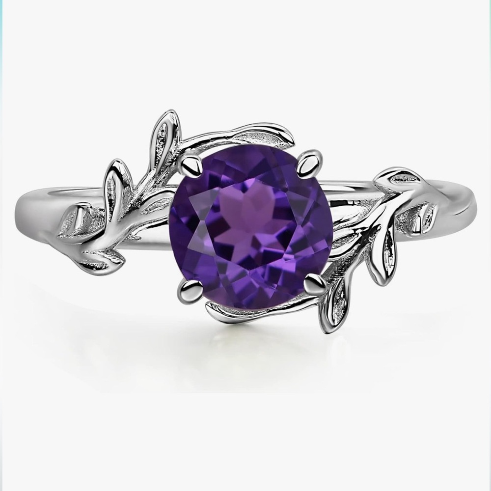 LUO Round Amethyst Gemstone Branch Statement Ring 925 Sterling Silver Sz 7